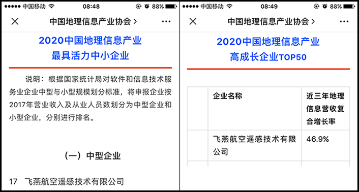 喜訊丨飛燕遙感榮獲2020中國地理信息產(chǎn)業(yè)最具活力中型企業(yè)榮譽稱號，榮耀入選2020中國地理信息產(chǎn)業(yè)高成長企業(yè)TOP50！